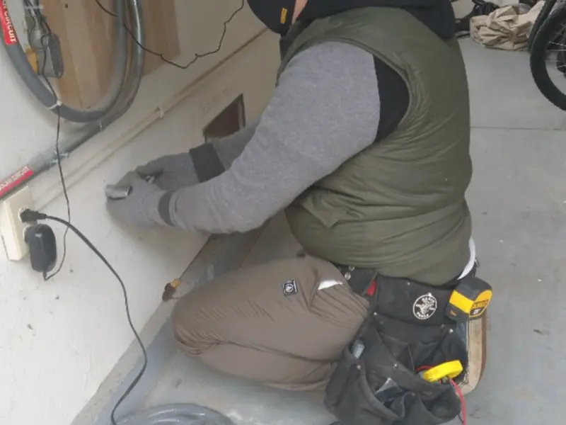 Electrician performing outlet wiring in a Mequon garage